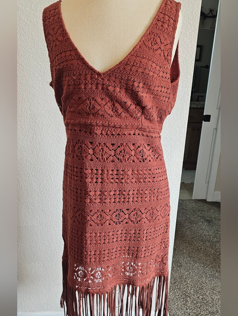SHYANNE Western 100% Cotton Crochet Fringe Sleeveless Midi Dress Large Rust - Picture 8 of 13